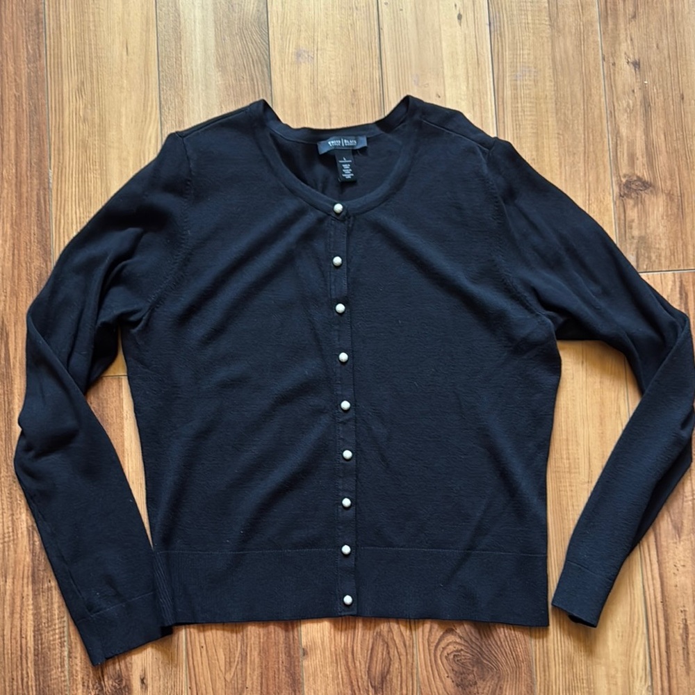White House Black Market Black Cardigan with Pearl Accent Buttons
